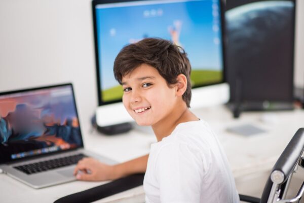 Boy looking up from studying